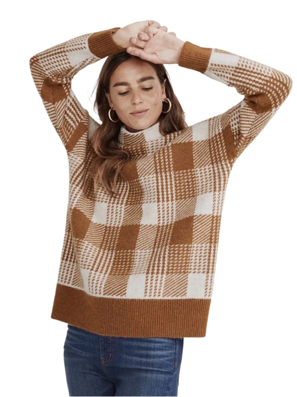 Madewell Plaid Alpaca Merino Wool Mock Neck Sweater Brown Cream S, Fall Vibes 🍁